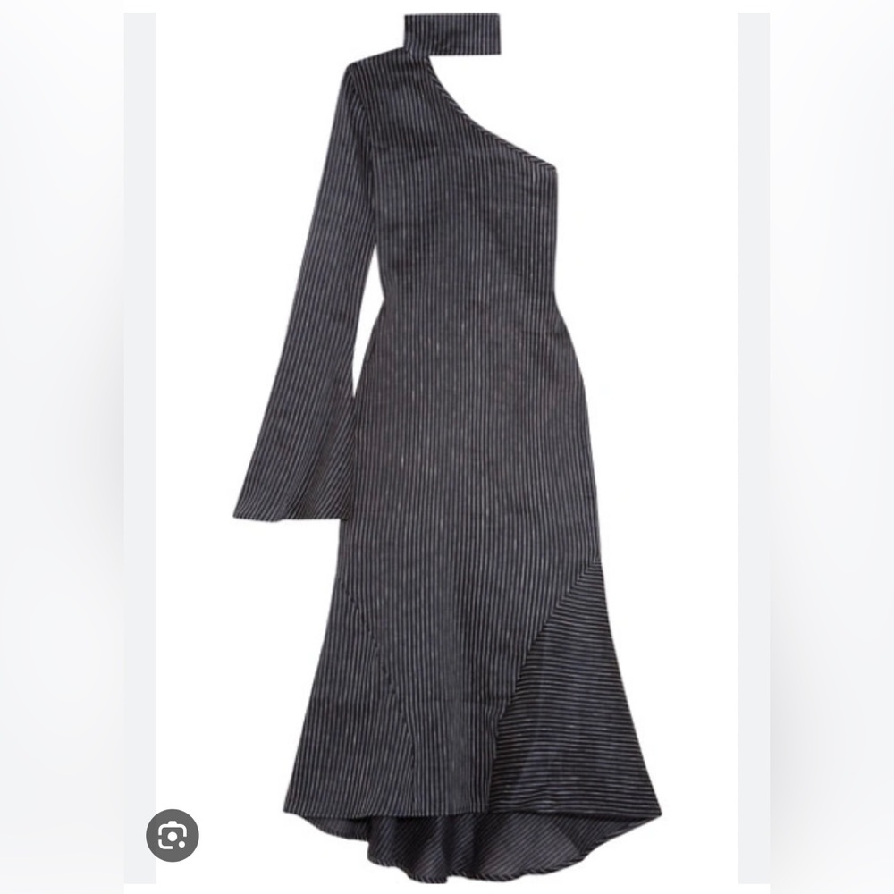 BEAUFILLE WOMAN HYDRUS ONE SHOULDER PINSTRIPED LINEN-BLEND MIDI DRESS NAVY NWT 4